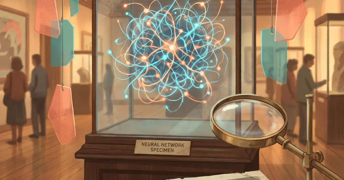 Illustrated language model concept exhibit used as the article image for LLMopedia Observatory