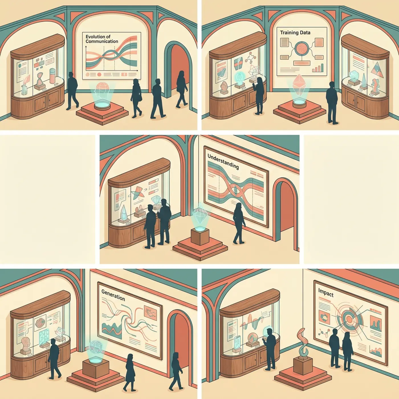 Illustrated concept museum rooms for language model topics