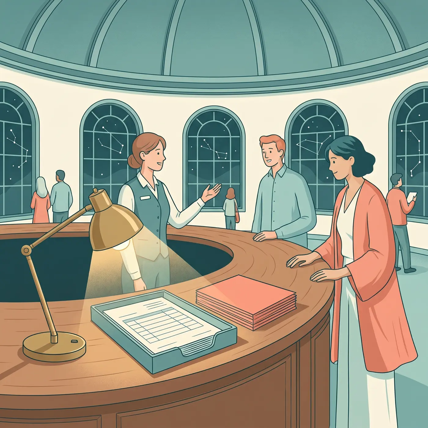 Illustrated observatory contact desk with exhibit notes and visitor forms