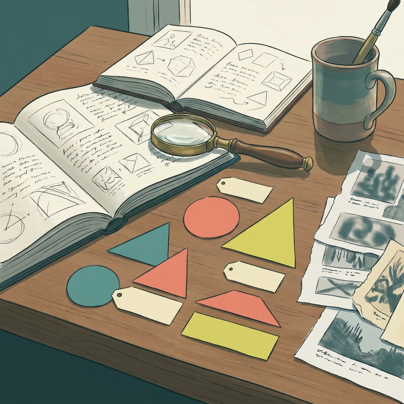 Illustrated editorial table with model concept notes, magnifying tools, and exhibit labels