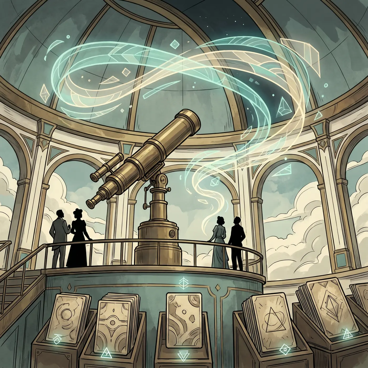 Illustrated observatory deck with optical instruments studying language model behavior